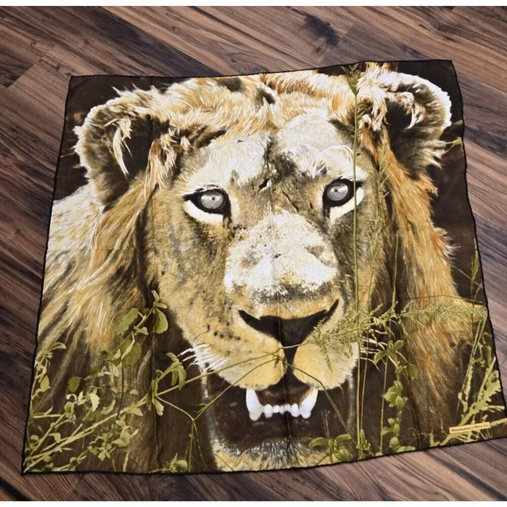 Vtg Abercrombie & Fitch Silk Scarf Lion Safari Print Made in France 33.5x32”